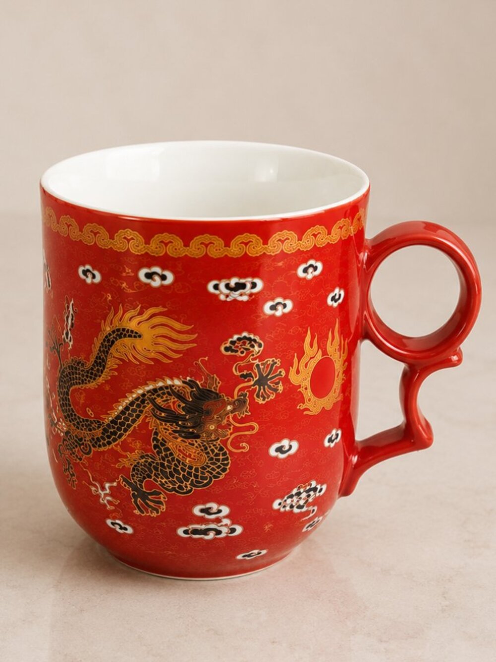 Chinese Red Dragon Porcelain Coffee Mug Gold Accents Top Collection 12 oz